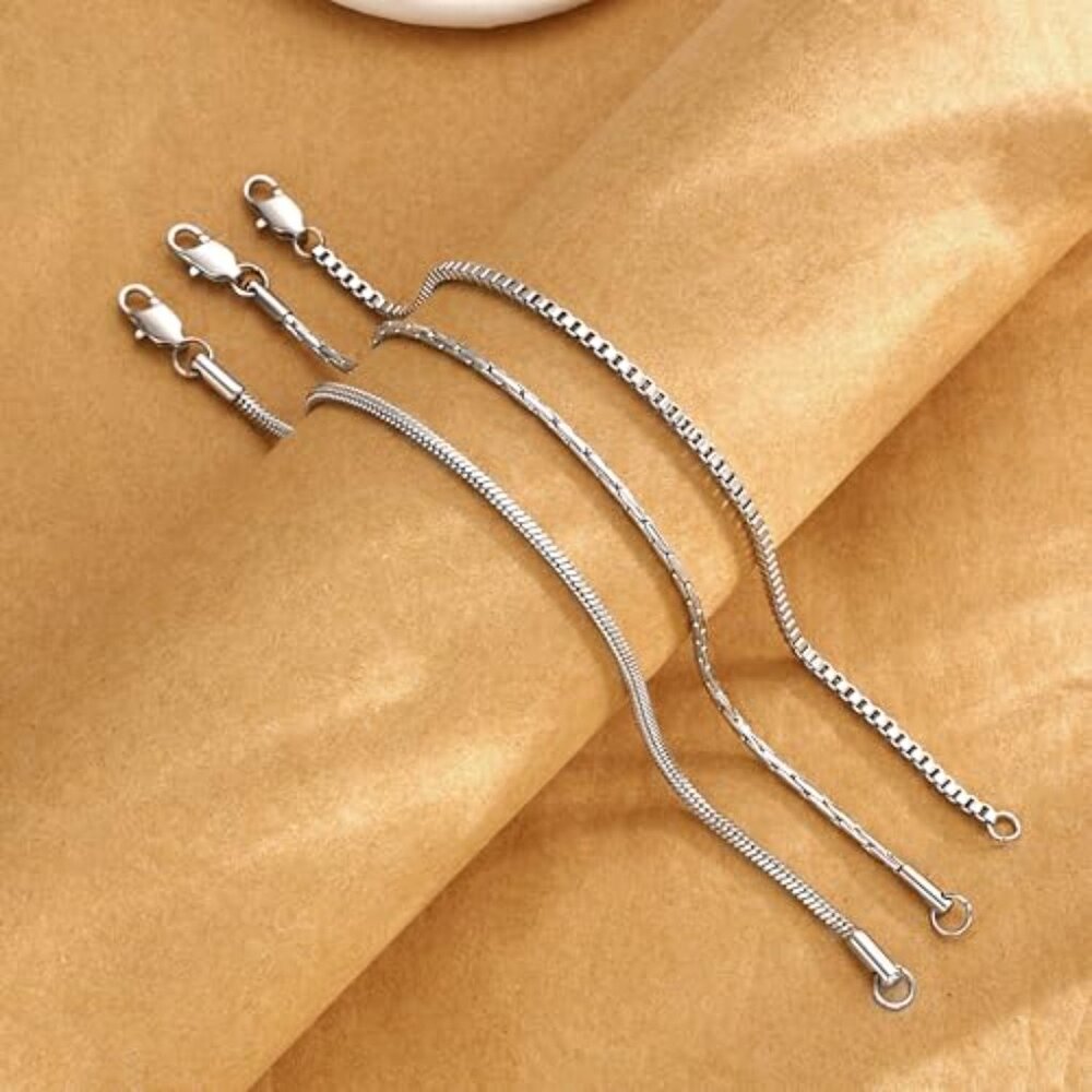 Silver Snake Chain Bracelet Set Minimal Classic Stackable Jewelry Gift - Picture 6 of 8